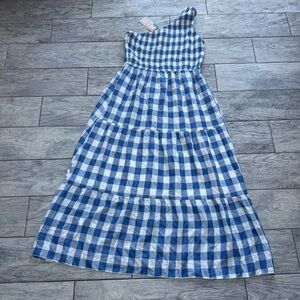 WOMENS LARGE MAXI SUNDRESS GINGHAM BLUE ONE SHOULDER ROUCH TIERED COTTAGE NEW